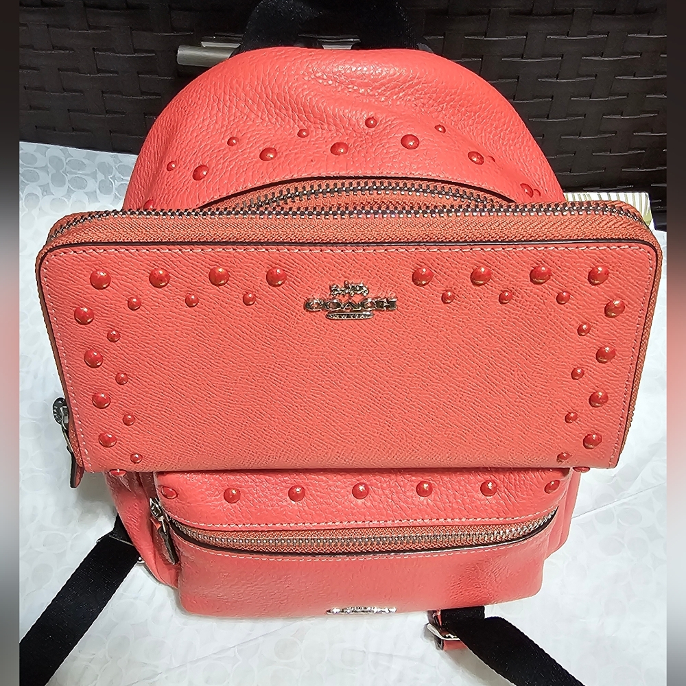 Coach Charlie Mini Coral Leather Backpack & Matching Wallet Studs F45070 Silver - Picture 5 of 14